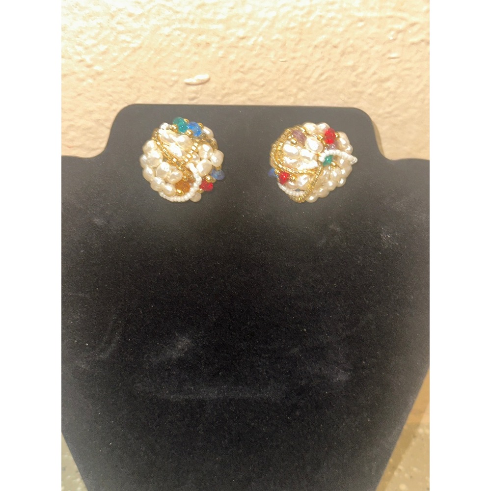 Vintage Pearl Bead Clip On Earrings Colorful Rhinestone Gold Tone Women